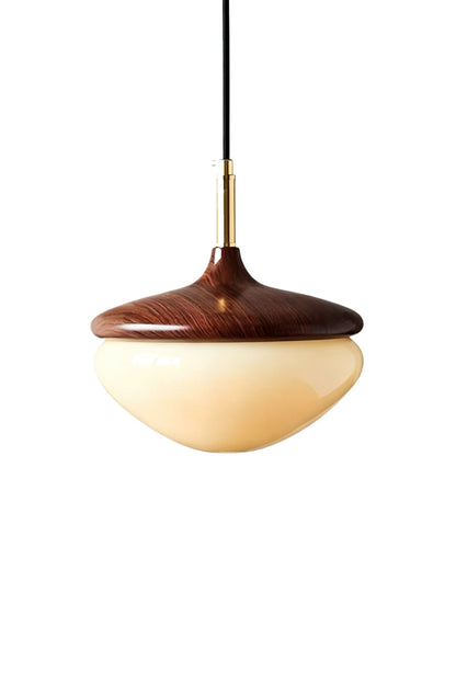 Soren Wood Grain Pendant Lamp | Wood, Glass, Metal | Mushroom-shaped minimalist pendant light with a dark walnut wood cap and a creamy glass diffuser bowl | Isolated product shot on white background | vexa lamps