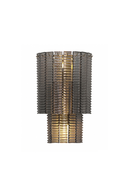 Sovereign Lattice Smoky Glass Wall Lamp showcasing a multi-tiered arrangement of smoky gray glass links.