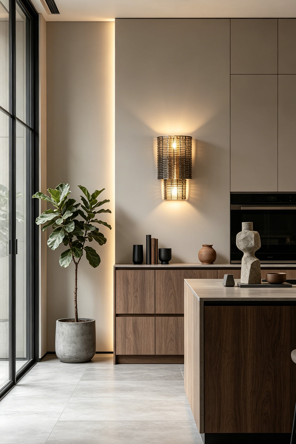 Sovereign Lattice Smoky Glass Wall Lamp illuminating a modern kitchen space with stylish decor.