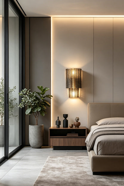 Sovereign Lattice Smoky Glass Wall Lamp illuminating a modern bedroom interior with minimalist decor.