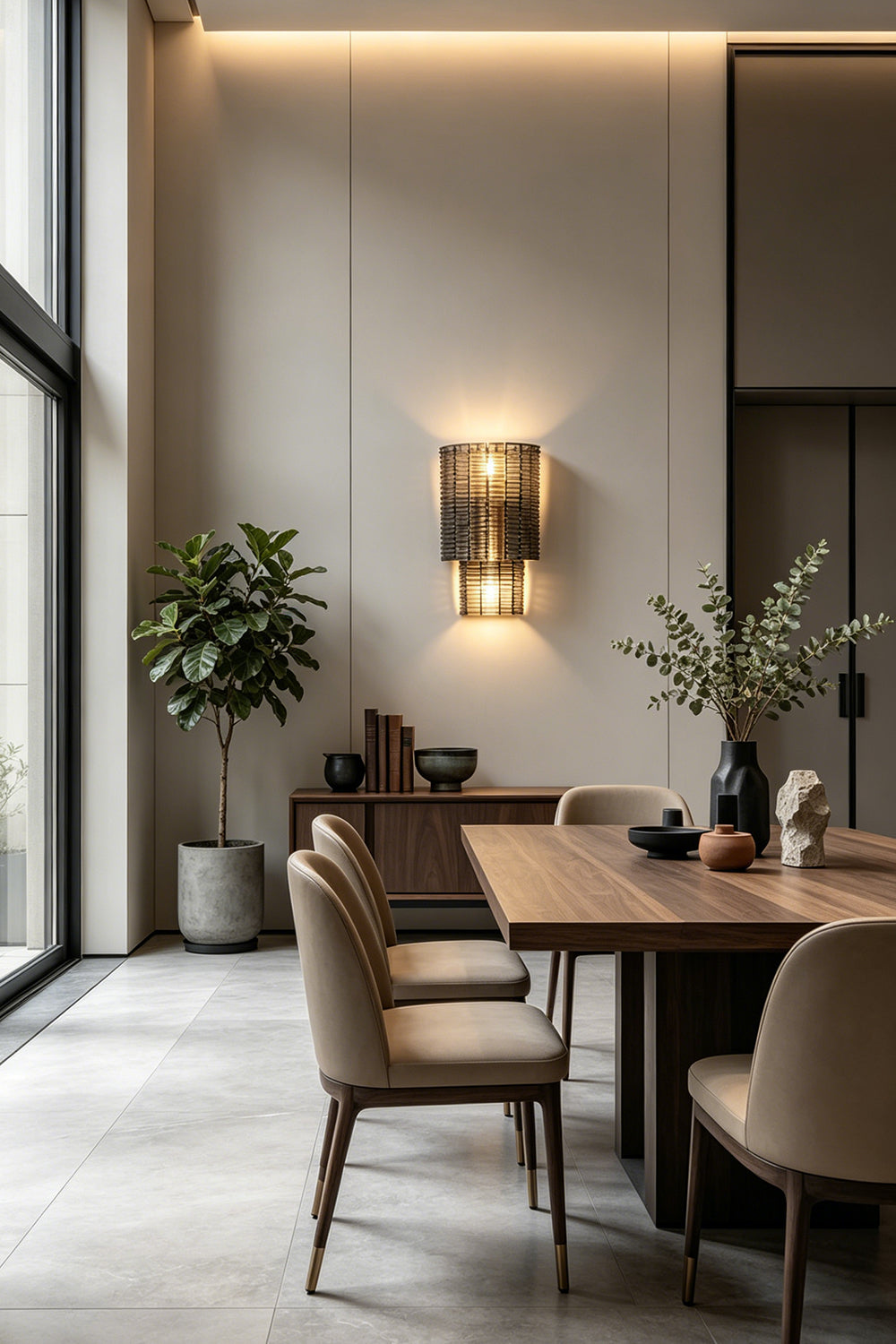 Sovereign Lattice Smoky Glass Wall Lamp illuminating a modern dining area with elegant furniture and greenery.