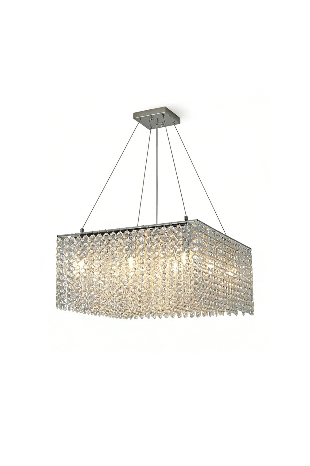 Sparkling rectangular crystal frame chandelier with stainless steel finish | Stainless Steel, Crystal | Lit front view on white background | vexa lamps