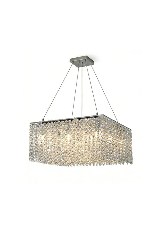 Sparkling rectangular crystal frame chandelier with stainless steel finish | Stainless Steel, Crystal | Lit front view on white background | vexa lamps