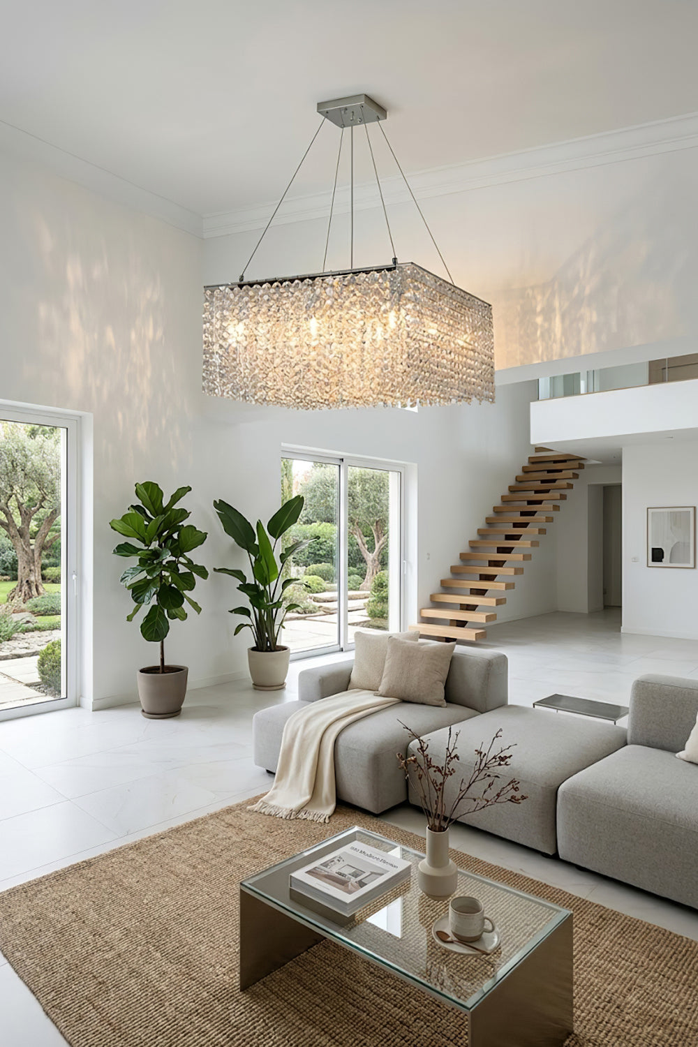 Large crystal frame chandelier in a contemporary living room | Stainless Steel, Crystal | Wide shot of a bright interior with neutral decor | vexa lamps
