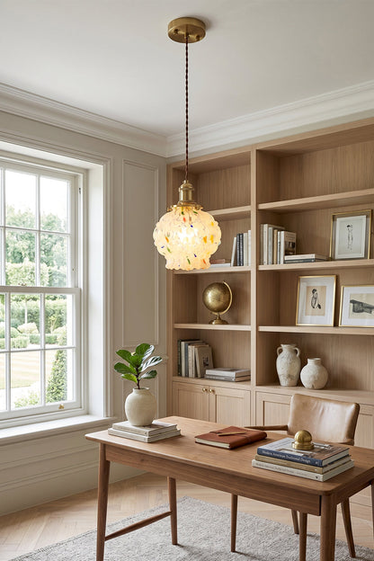 Speckled Bubble Glass Pendant Lamp | Glass, Metal | Suspended as ambient office lighting in a modern study room featuring a wooden desk and light oak bookshelves | vexa lamps