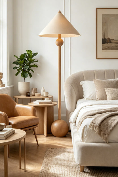 Sphaerica Lignum Wood Floor Lamp | Metal, Wood, Fabric | Placed in a cozy bedroom corner next to a beige upholstered bed and a wooden side table | vexa lamps