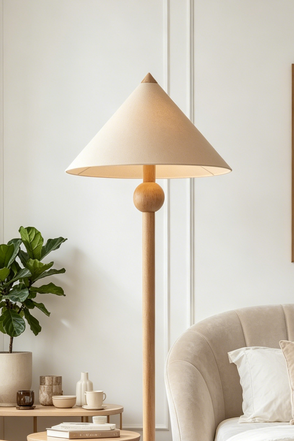 Sphaerica Lignum Wood Floor Lamp | Metal, Wood, Fabric | Providing ambient lighting in a stylish living room corner with lush green plants | vexa lamps