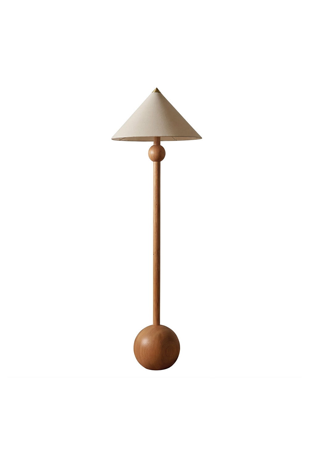 Sphaerica Lignum Wood Floor Lamp | Metal, Wood, Fabric | Minimalist floor lamp with conical beige fabric shade and spherical wood base | Isolated product shot on white background | vexa lamps