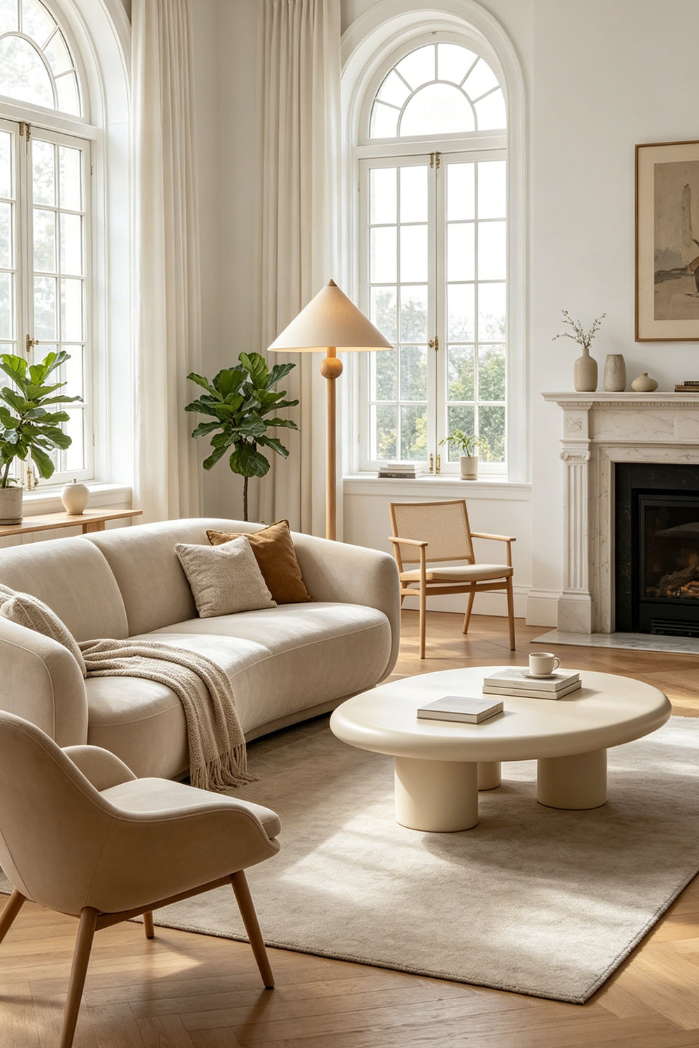Sphaerica Lignum Wood Floor Lamp | Metal, Wood, Fabric | Featured in a spacious living room with a fireplace, large windows, and arched architecture | vexa lamps