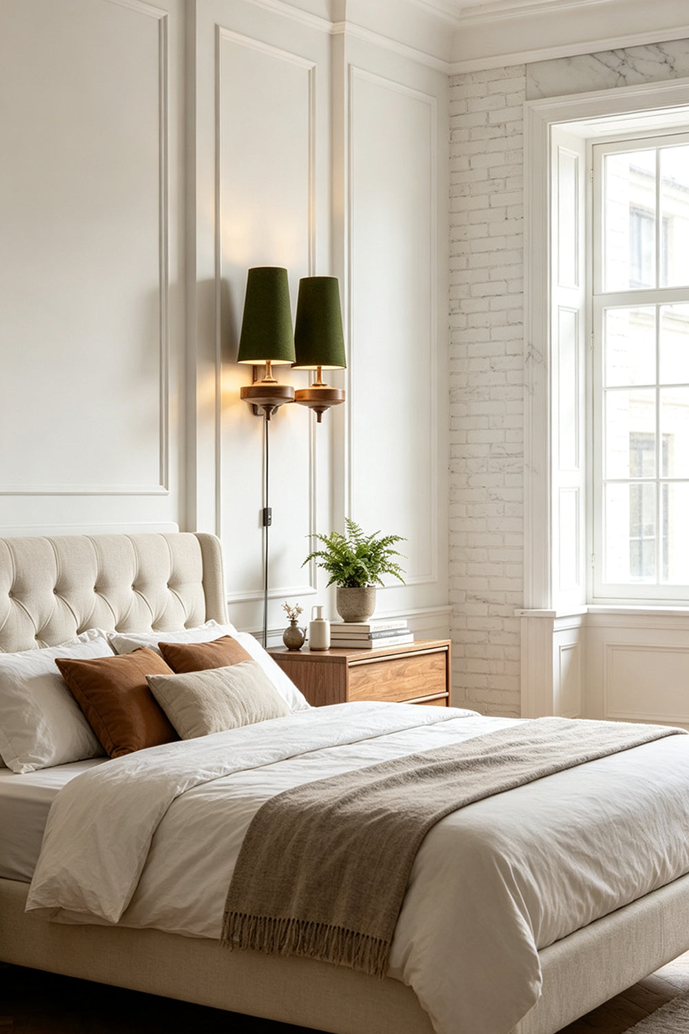 Spindle Walnut Wood Wall Sconce illuminating a cozy bedroom with a bed and natural light.
