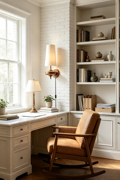 Spindle Walnut Wood Wall Sconce illuminating a stylish home office with a wooden chair and bookshelves.