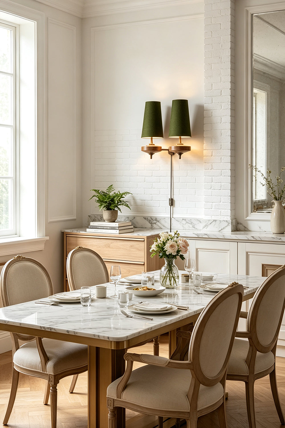 Spindle Walnut Wood Wall Sconce illuminating a modern dining room with a marble table and elegant seating.