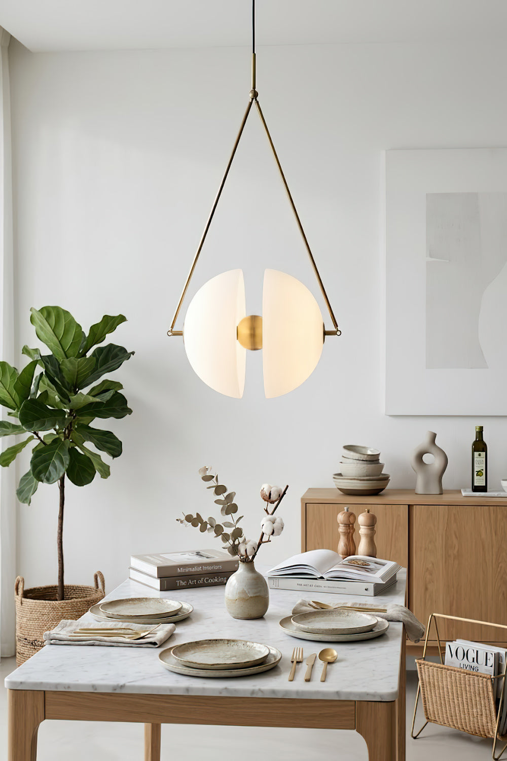 White oyster glass pendant lighting | Metal, Glass | Close-up scene over a set dining table | vexa lamps