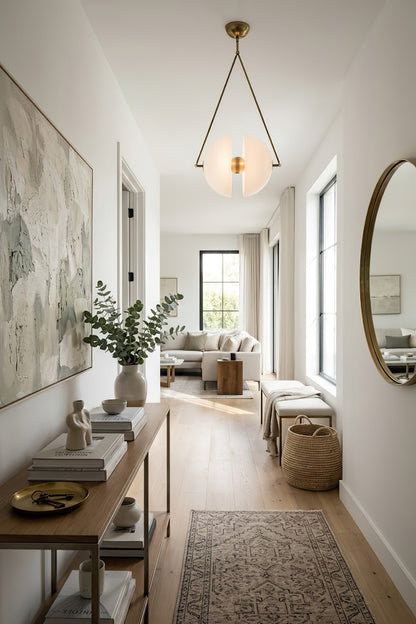 Modern oyster glass pendant lamp | Metal, Glass | Installed in a bright hallway over a console table | vexa lamps