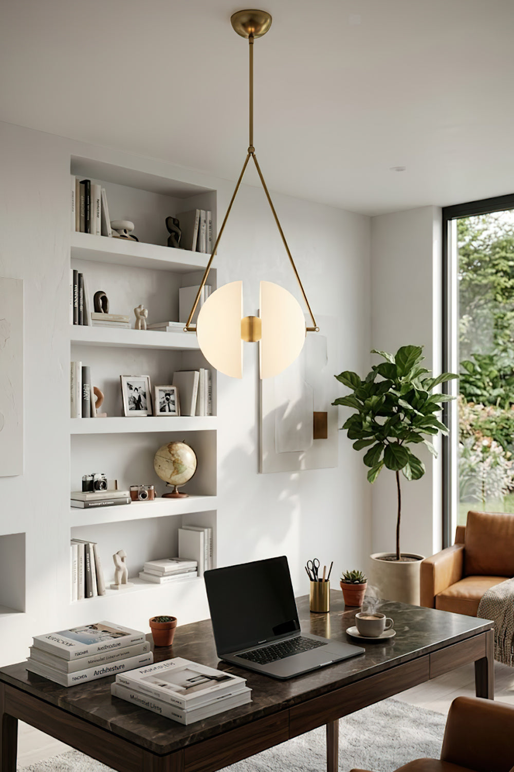 Minimalist split hemisphere glass light | Metal, Glass | Hanging in a home office over a dark wooden desk | vexa lamps