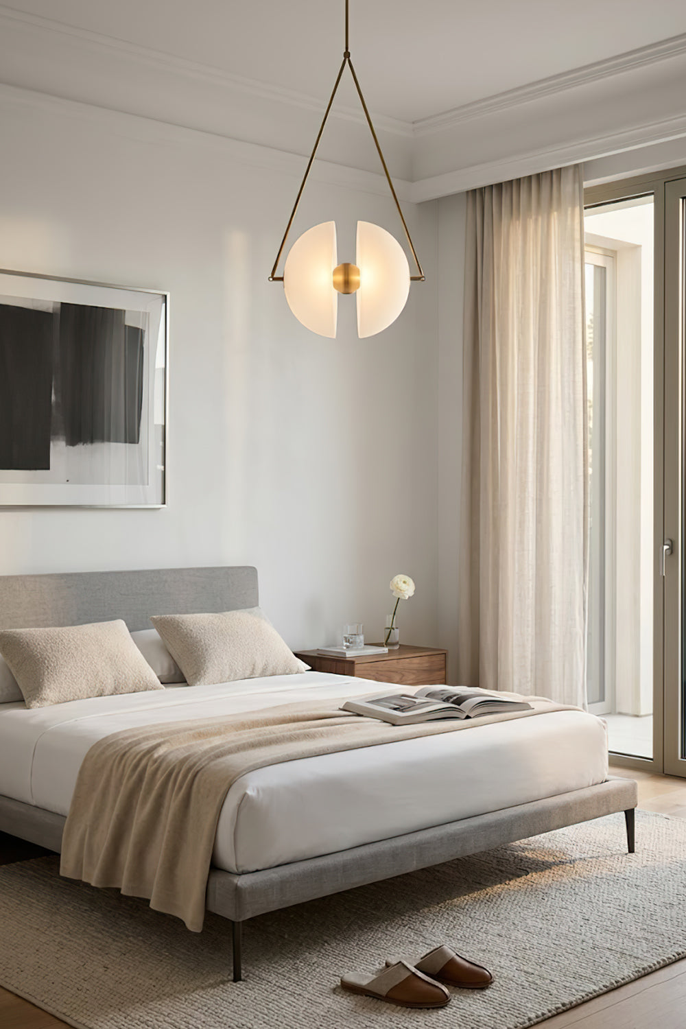 White glass sphere pendant light | Metal, Glass | Installed in a serene bedroom above a gray bed | vexa lamps