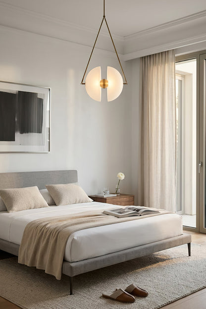 White glass sphere pendant light | Metal, Glass | Installed in a serene bedroom above a gray bed | vexa lamps