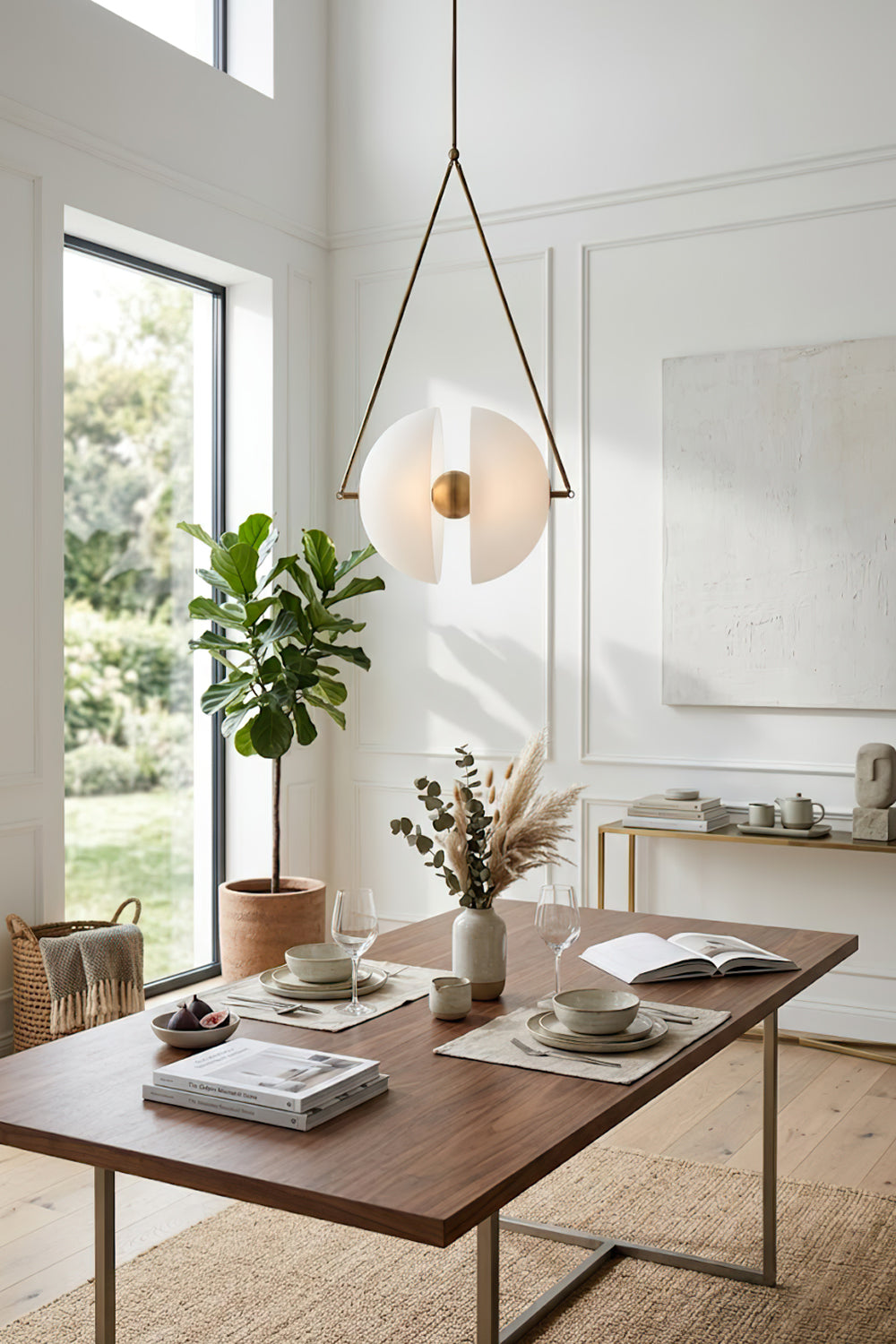 Oyster glass hemisphere chandelier | Metal, Glass | Over a wooden dining table in a bright room | vexa lamps