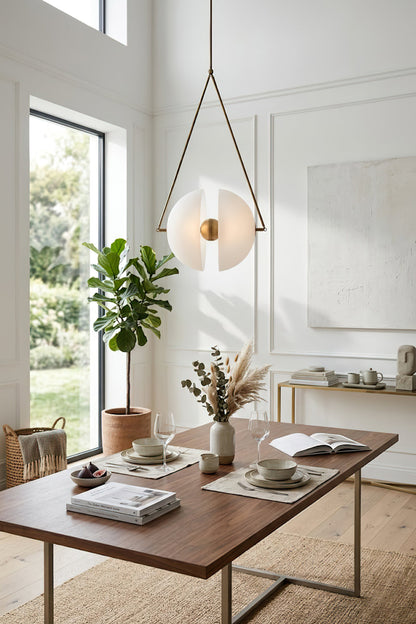 Oyster glass hemisphere chandelier | Metal, Glass | Over a wooden dining table in a bright room | vexa lamps
