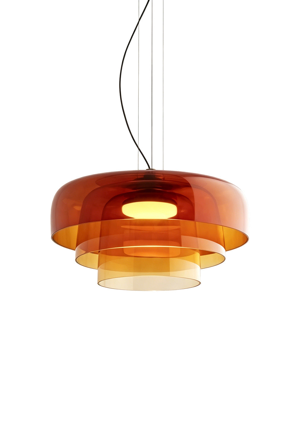 Stratum Layered Glass Pendant Light | Glass, Metal | Three-tiered retro-inspired pendant light with orange and amber translucent glass shades and a warm central glow | Isolated lit product shot on white background | vexa lamps