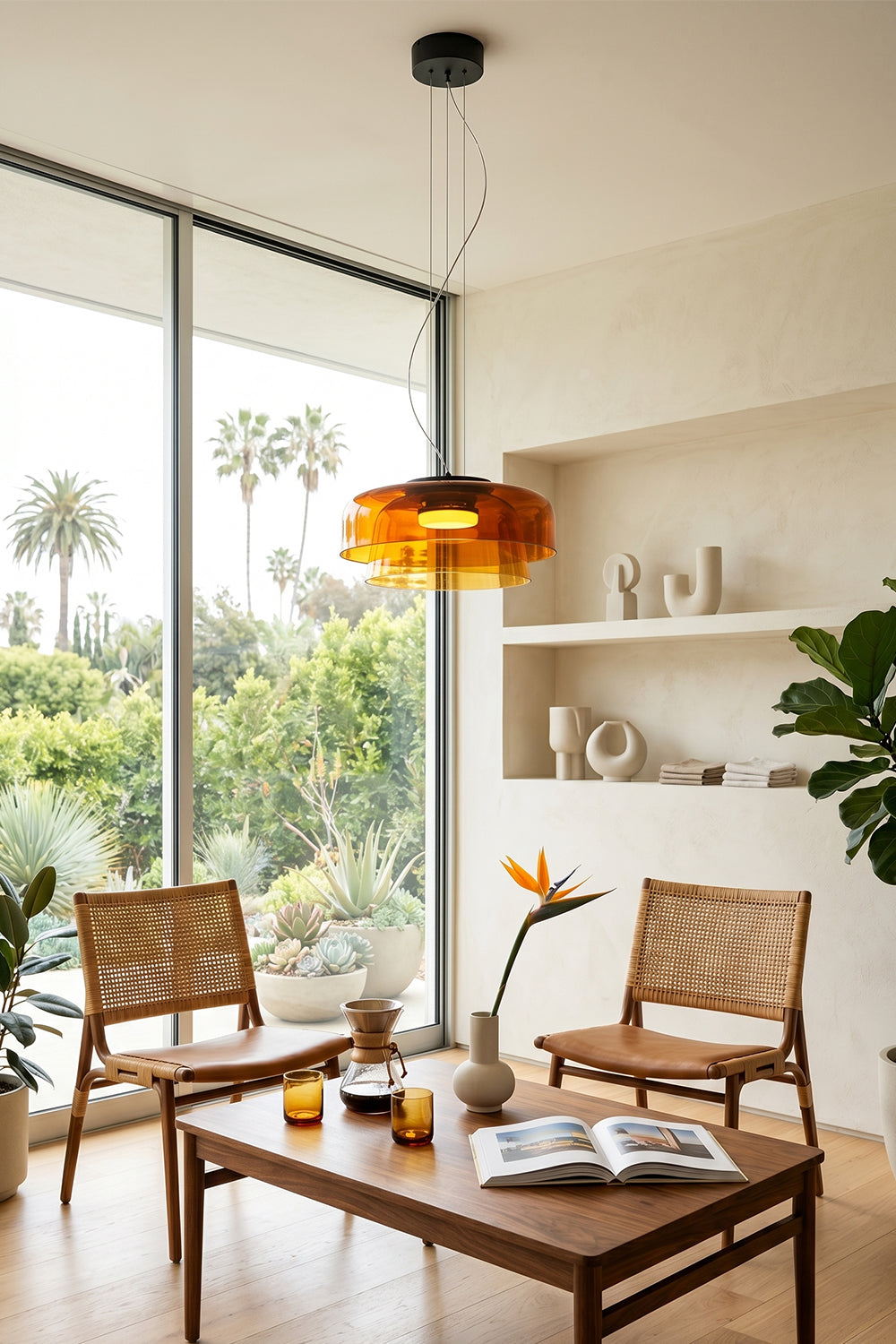 Stratum Layered Glass Pendant Light | Glass, Metal | Orange variant adding a retro touch over a wooden coffee table and rattan chairs near a glass patio door | vexa lamps