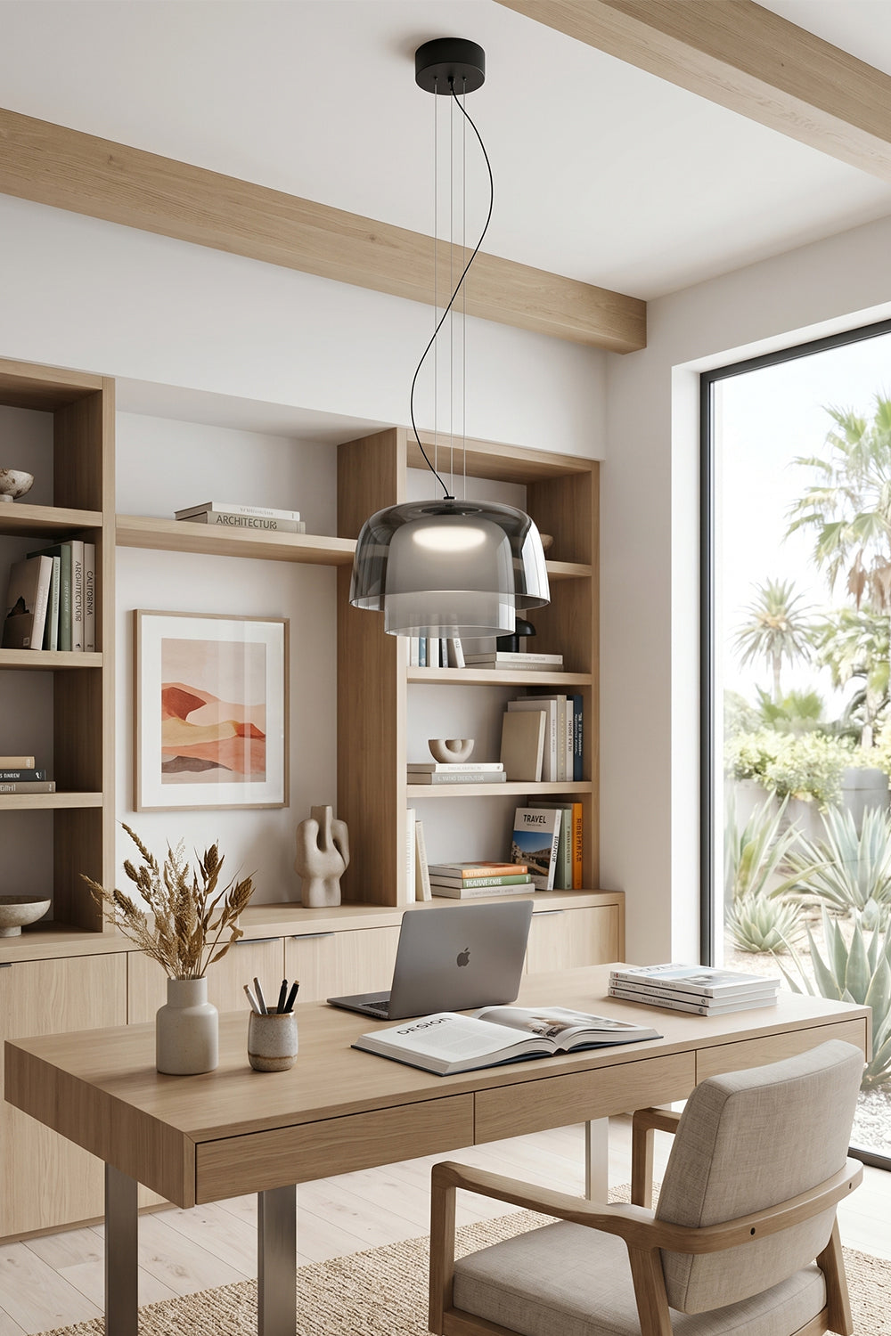Stratum Layered Glass Pendant Light | Glass, Metal | Smoky grey variant providing sleek ambient lighting over a wooden executive desk in a modern study | vexa lamps