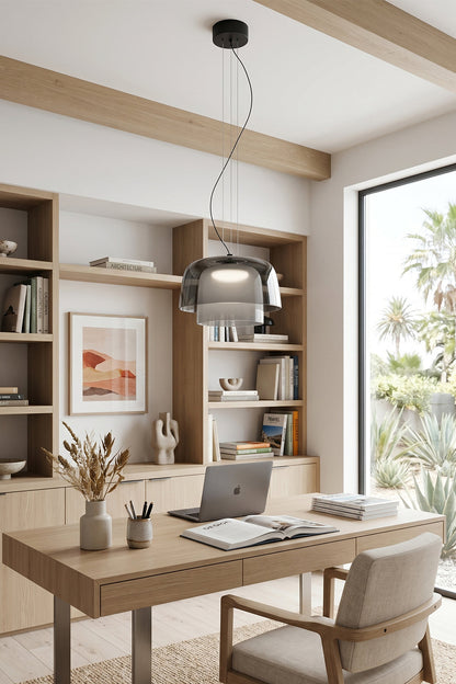 Stratum Layered Glass Pendant Light | Glass, Metal | Smoky grey variant providing sleek ambient lighting over a wooden executive desk in a modern study | vexa lamps