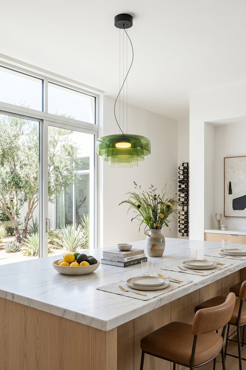 Stratum Layered Glass Pendant Light | Glass, Metal | Vibrant green variant illuminating a bright white marble kitchen countertop and dining area | vexa lamps