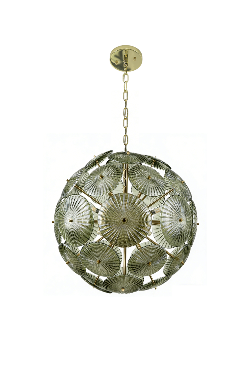 Lit spherical sunburst glass disc chandelier | Metal, Glass | Full front product shot | everlamps
