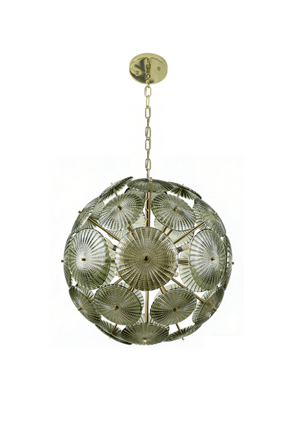 Lit spherical sunburst glass disc chandelier | Metal, Glass | Full front product shot | everlamps