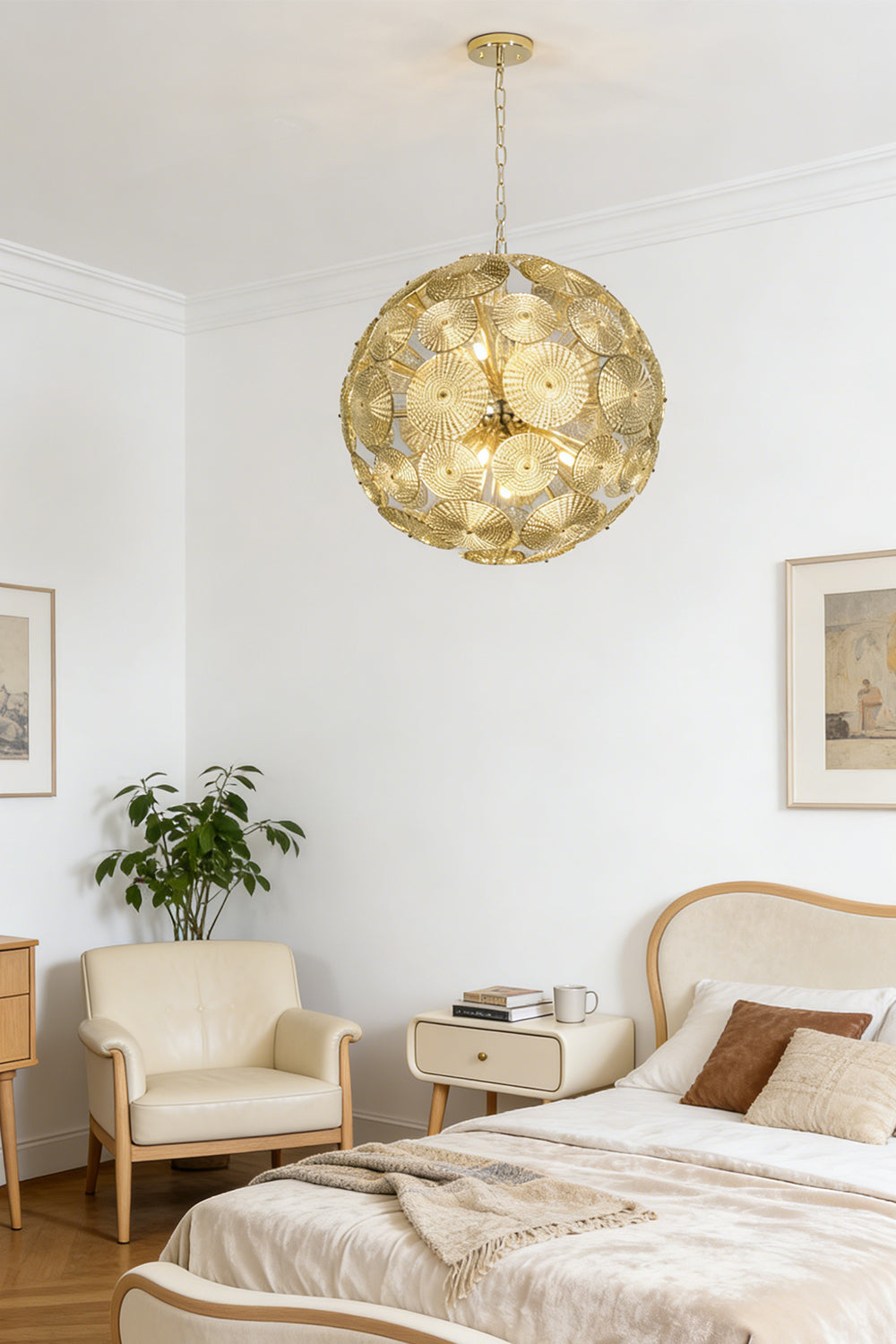 Lit spherical glass pendant light | Metal, Glass | Installed in a classic bedroom over a bed | everlamps