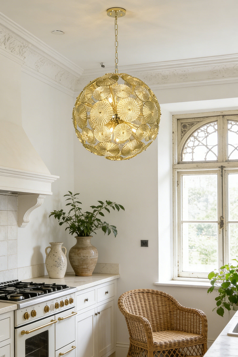 Lit spheres modern classic glass lamp | Metal, Glass | Installed in a bright kitchen over a marble counter | everlamps