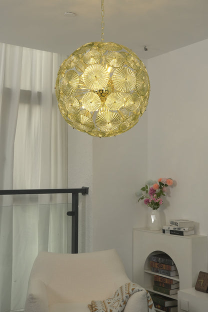 Detailed shot of lit glass spheres chandelier frame | Metal, Glass | Showing brass attachment and spheres structure | everlamps