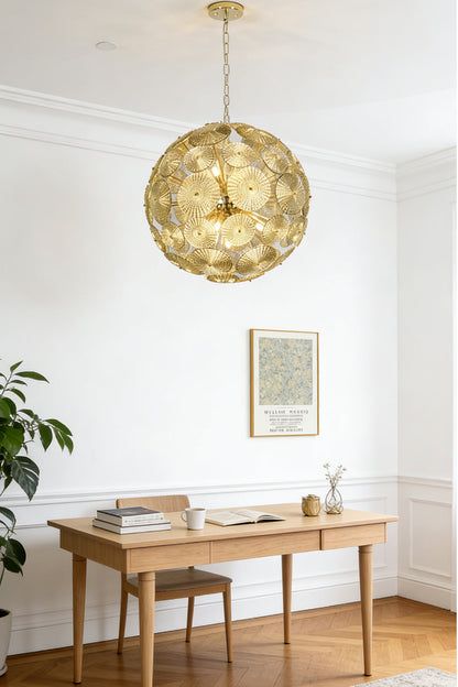 Lit mod-century spherical glass light | Metal, Glass | Installed in a classic home office above a desk | everlamps