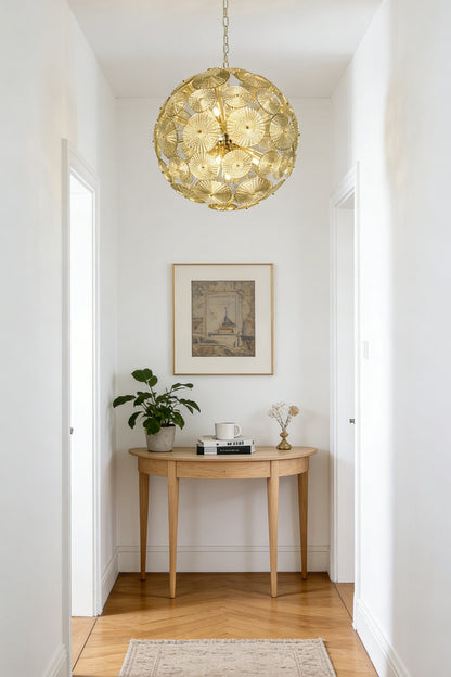 Lit modern classic spheres chandelier | Metal, Glass | Installed at the end of a corridor over a console table | everlamps