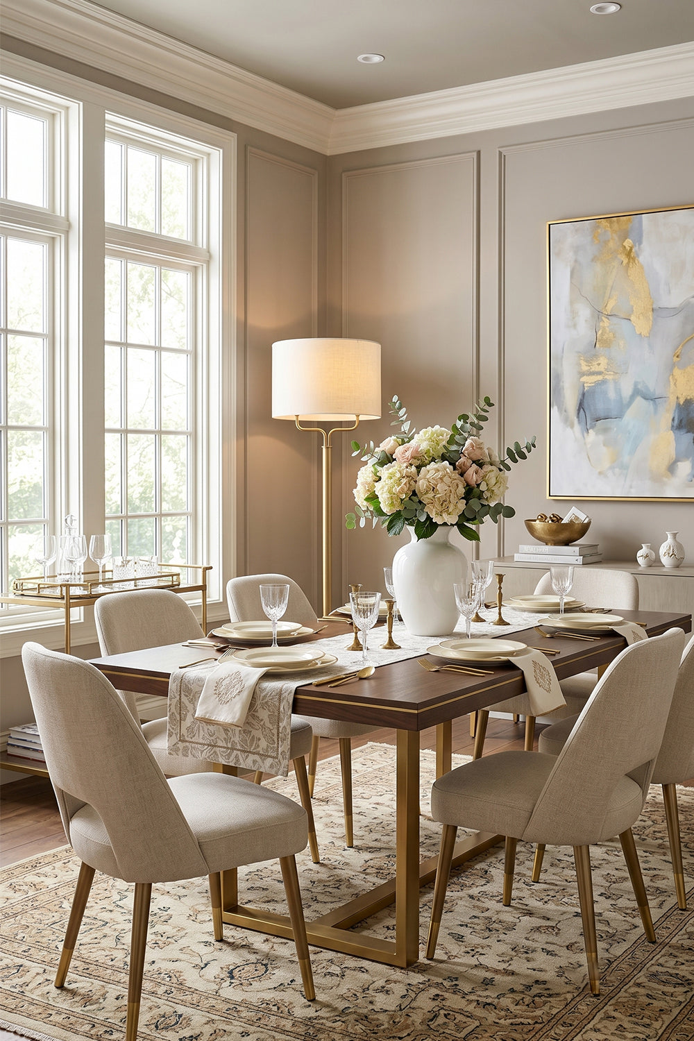 Sutton Modern Brass Floor Lamp illuminating a stylish dining area with elegant decor and floral arrangements.