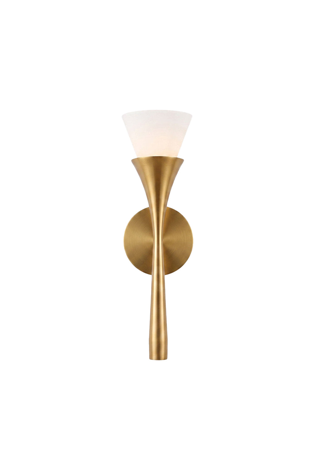 Sylvain Modern Torch Wall Sconce featuring a metallic trumpet-shaped stem and frosted glass shade.
