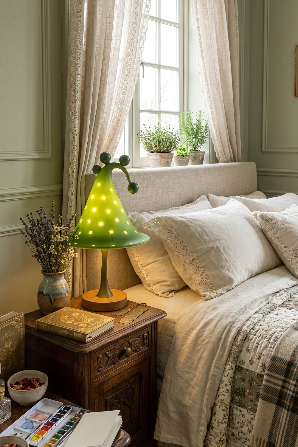 Sylvan Astral Resin Table Lamp | Blue star pattern shade | Lit close-up | Detail of glowing stars | Resin material texture | vexa lamps