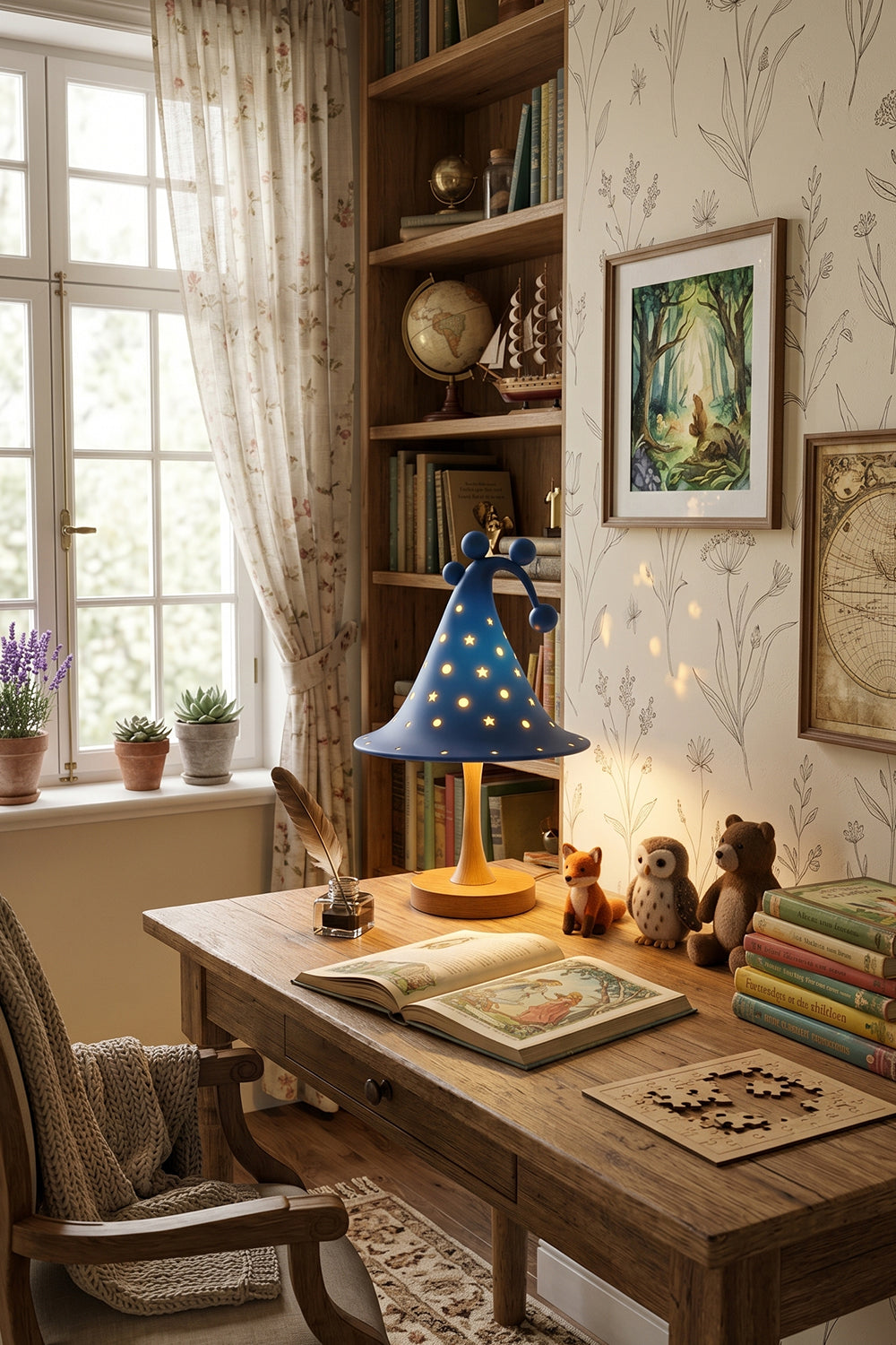 Sylvan Astral Resin Table Lamp | Blue star pattern shade | Lit close-up | Detail of glowing stars | Resin material texture | vexa lamps