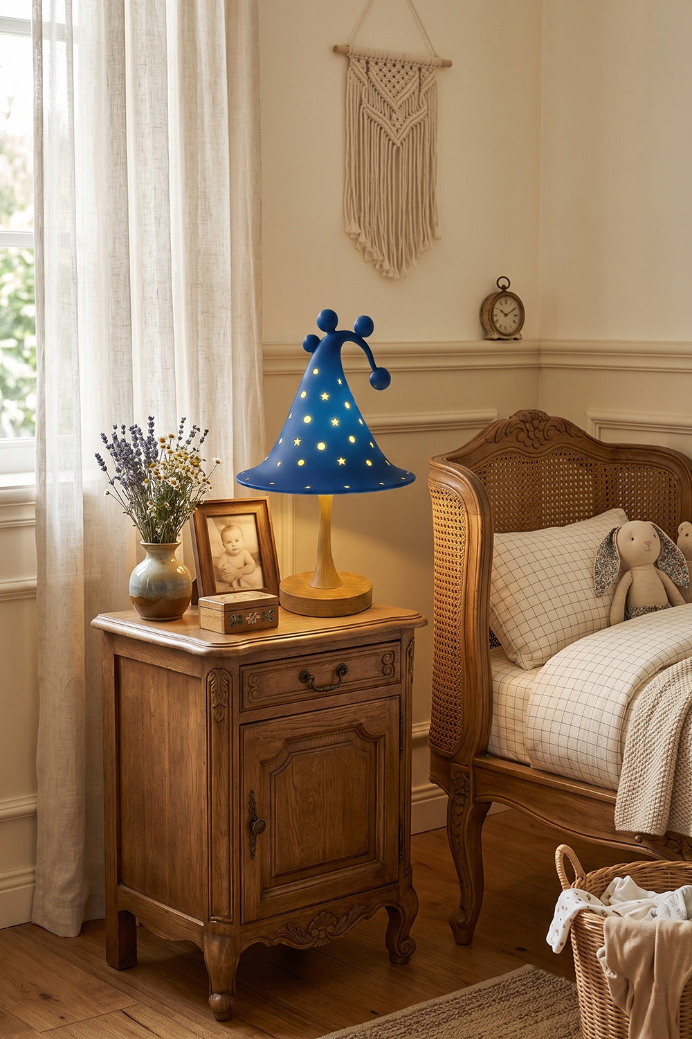 Sylvan Astral Resin Table Lamp | Blue star pattern shade | Lit bedroom setting | Rustic nightstand | Cozy interior | vexa lamps