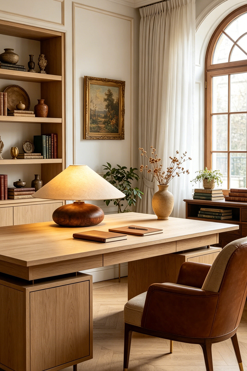 Sylvan Oval Walnut Table Lamp | Wood, Fabric, Metal | Placed on a light-colored wooden desk in a bright home office with an arched window and a leather chair | vexa lamps