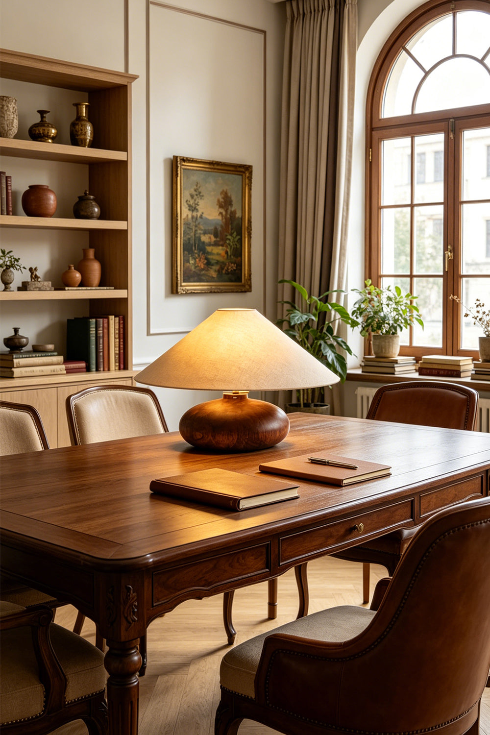 Sylvan Oval Walnut Table Lamp | Wood, Fabric, Metal | Centered on a long dark wood table in an elegant dining room with a built-in bookshelf | vexa lamps