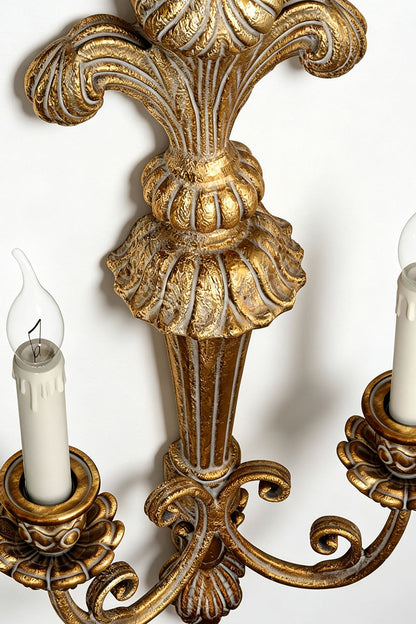 Tamsin Carved Plume Candle Wall Lamp | Carved Resin and Brass | Detail shot highlighting the antique gold leaf finish and carved textures | vexa lamps