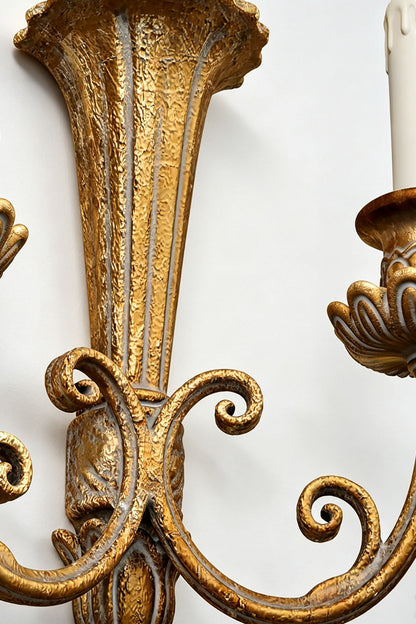 Tamsin Carved Plume Candle Wall Lamp | Carved Resin and Brass | Close-up detail of the main carved column and twin curved sconce arms | vexa lamps
