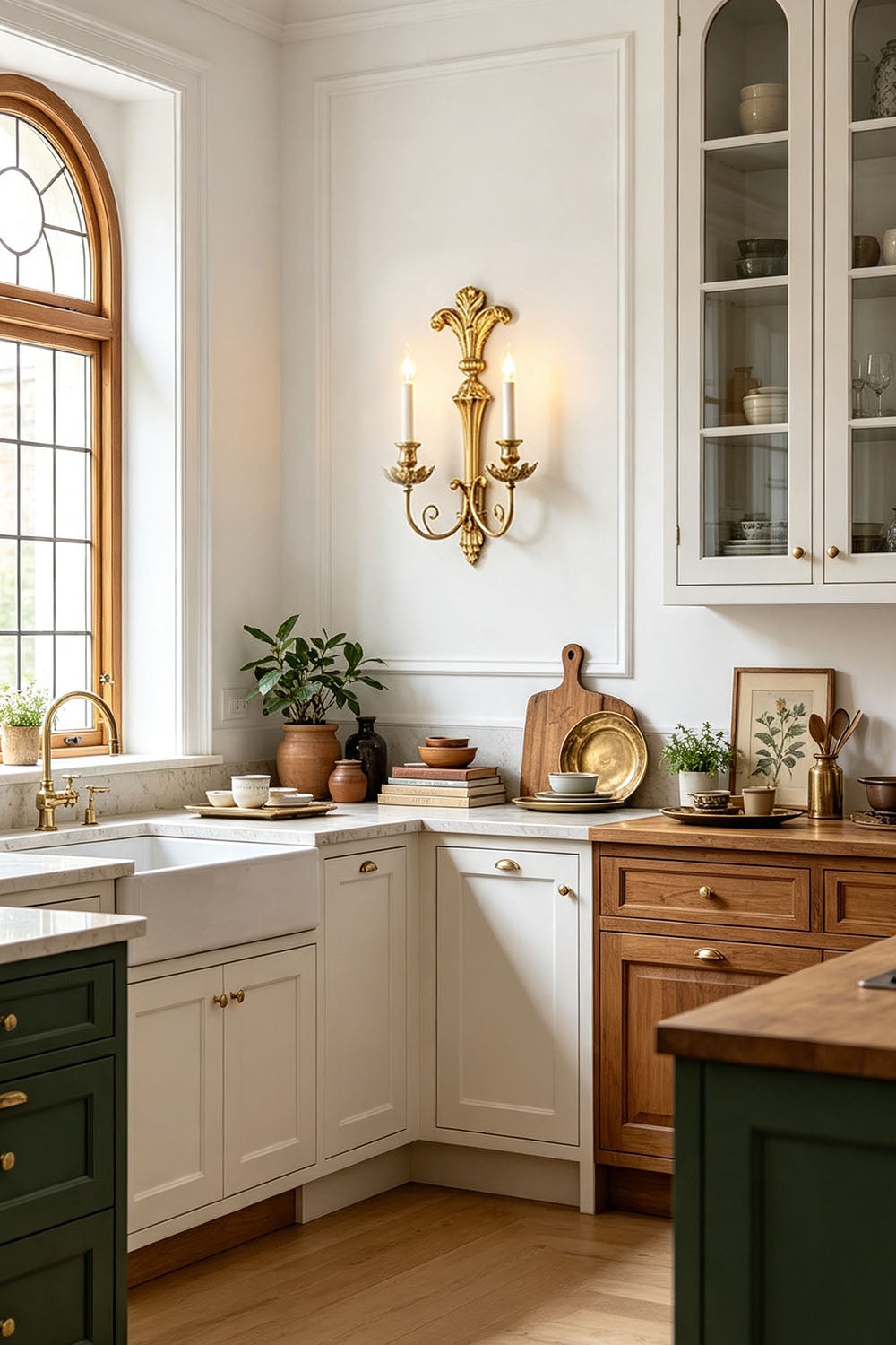 Tamsin Carved Plume Candle Wall Lamp | Carved Resin and Brass | Styled on a white wall in a rustic kitchen above the counter area | vexa lamps