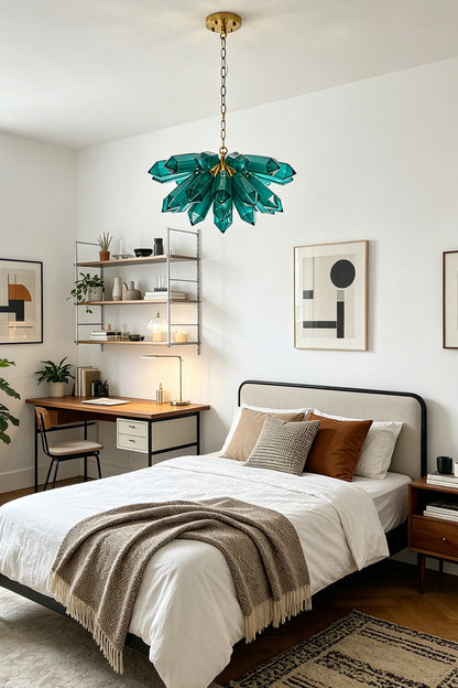 Teal gemstone-inspired cluster chandelier | Metal | Glass | Installed in a modern bedroom over a bed | vexa lamps