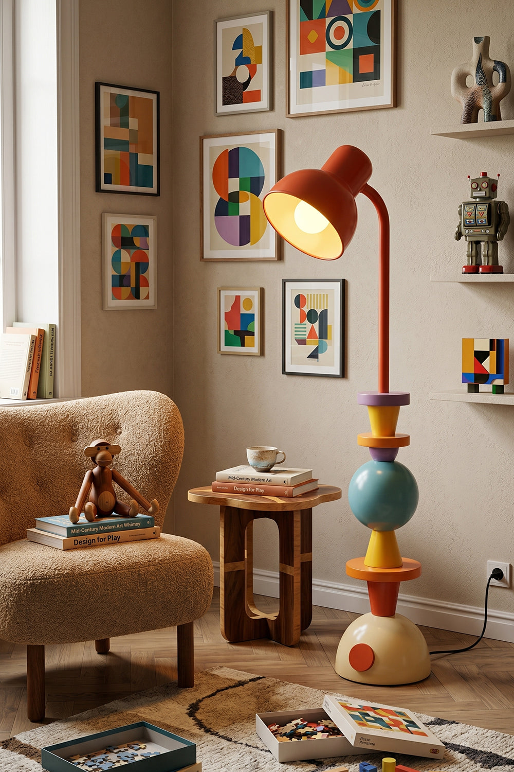 Tectonic Prism Metal Floor Lamp | Metal | Set against a gallery wall with colorful abstract art and a beige armchair | vexa lamps
