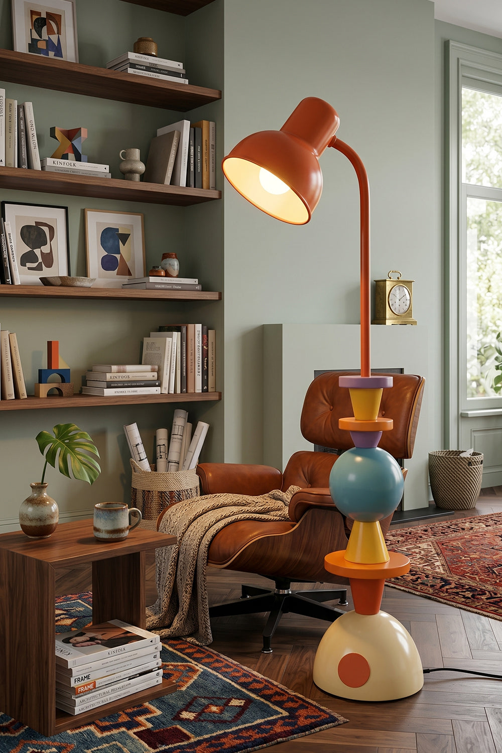 Tectonic Prism Metal Floor Lamp | Metal | Illuminating a cozy reading corner with a leather lounge chair and rustic shelving | vexa lamps