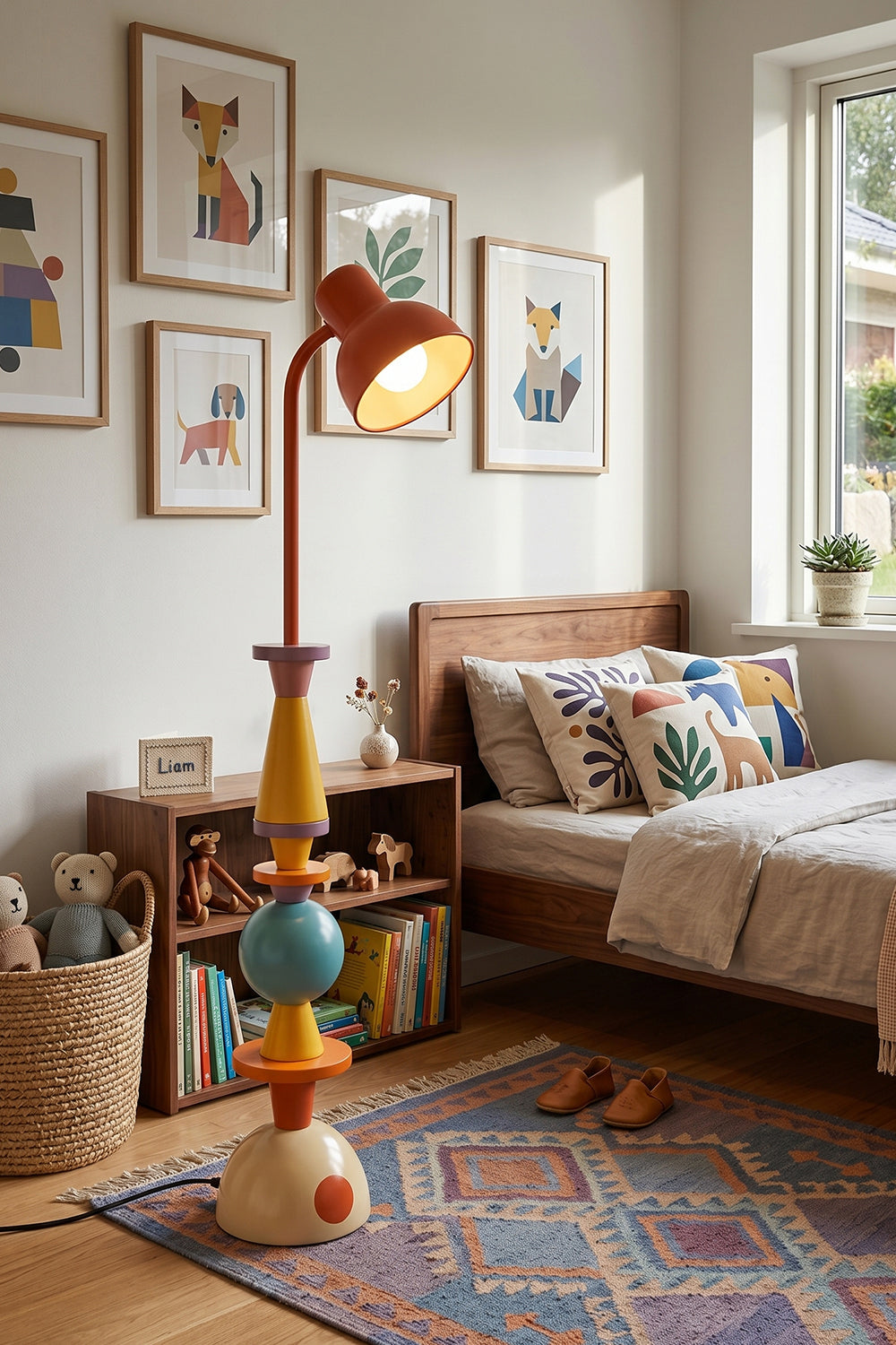 Tectonic Prism Metal Floor Lamp | Metal | Bedside lighting in a cozy bedroom with colorful textiles and framed art | vexa lamps