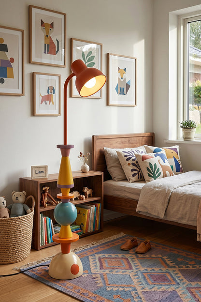 Tectonic Prism Metal Floor Lamp | Metal | Bedside lighting in a cozy bedroom with colorful textiles and framed art | vexa lamps